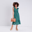 Robe longue évasée ceinturée vert femme