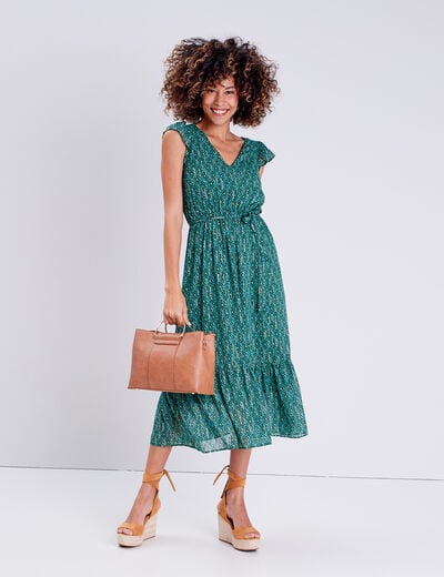 Robe longue évasée ceinturée vert femme