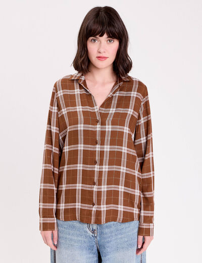Chemise &agrave; carreaux fils m&eacute;tallis&eacute;s marron femme