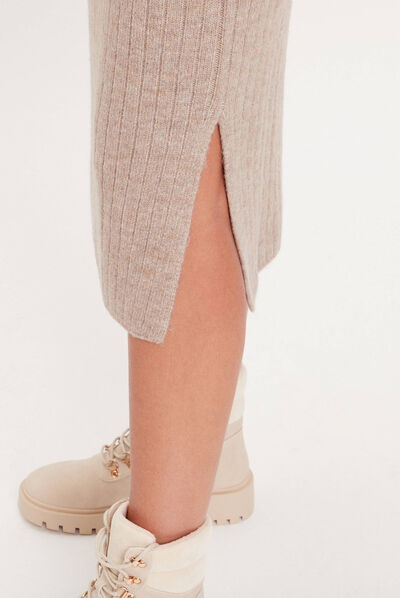 Robe longue droite côtelée taupe femme