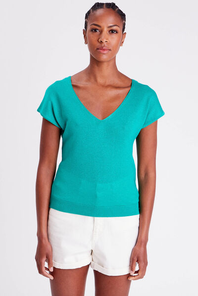 Pull col en V dos ouvert vert femme