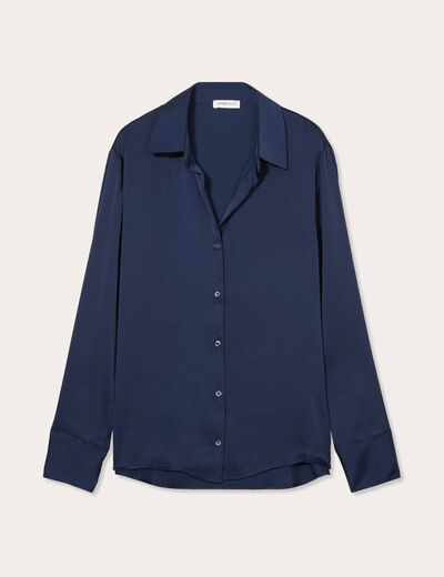 Chemise manches longues satin bleu marine femme