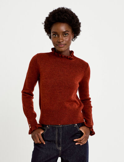 Pull ajust&eacute; col montant manches longues marron cognac femme