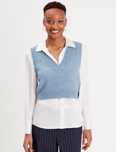 Pull sans manches col en V bleu pastel femme