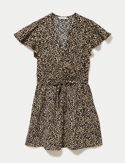 Robe courte &eacute;vas&eacute;e col v manches courtes beige femme