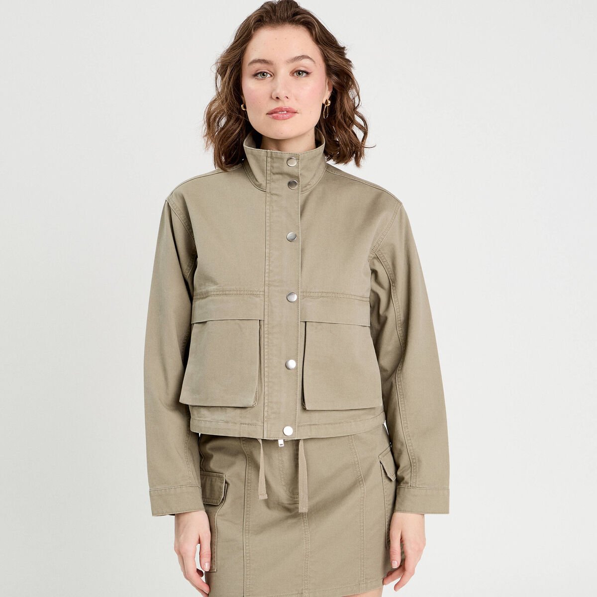 Veste droite col montant vert kaki femme