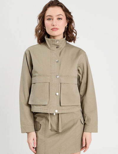 Veste droite col montant vert kaki femme