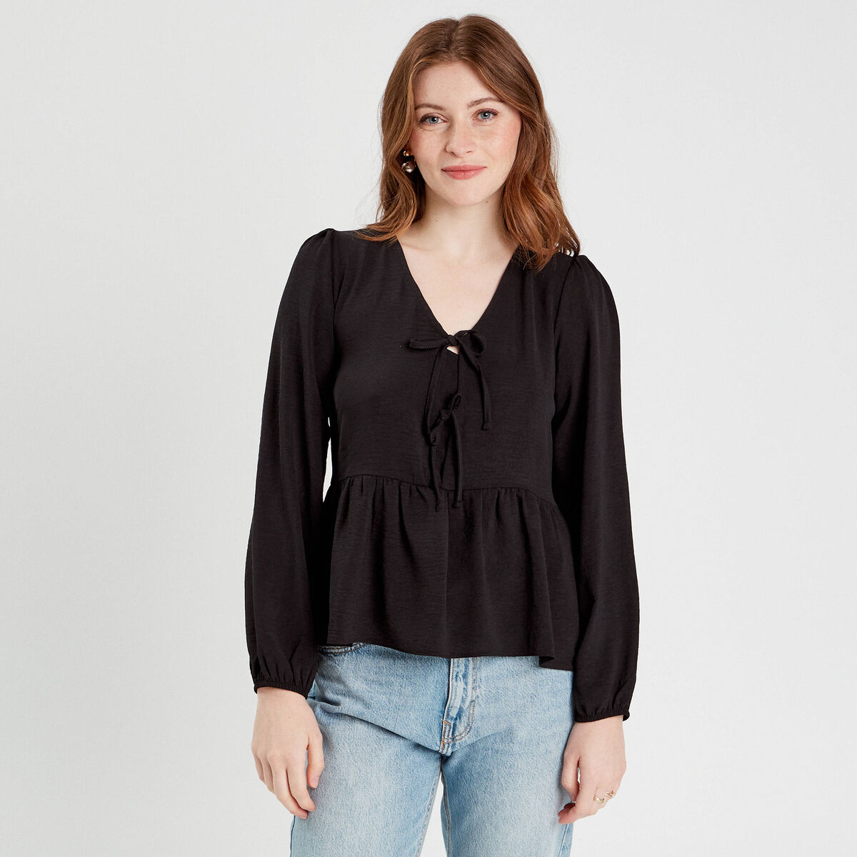 Blouse col en V noeuds noir femme