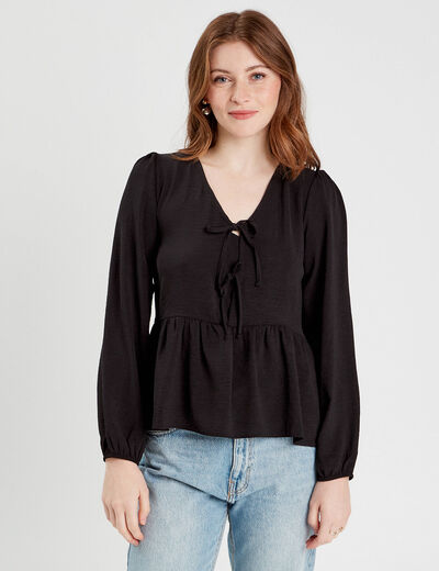 Blouse col en V noeuds noir femme