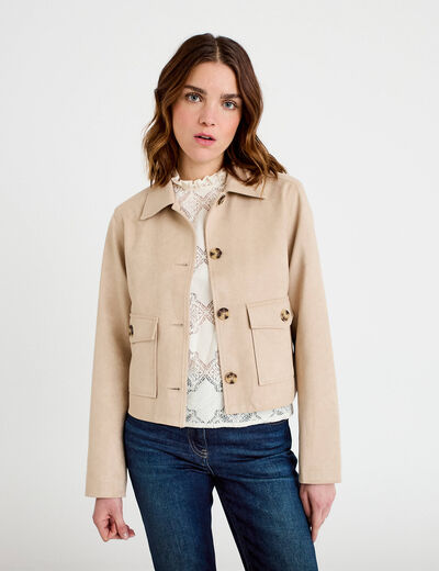Veste droite cropped aspect daim beige femme