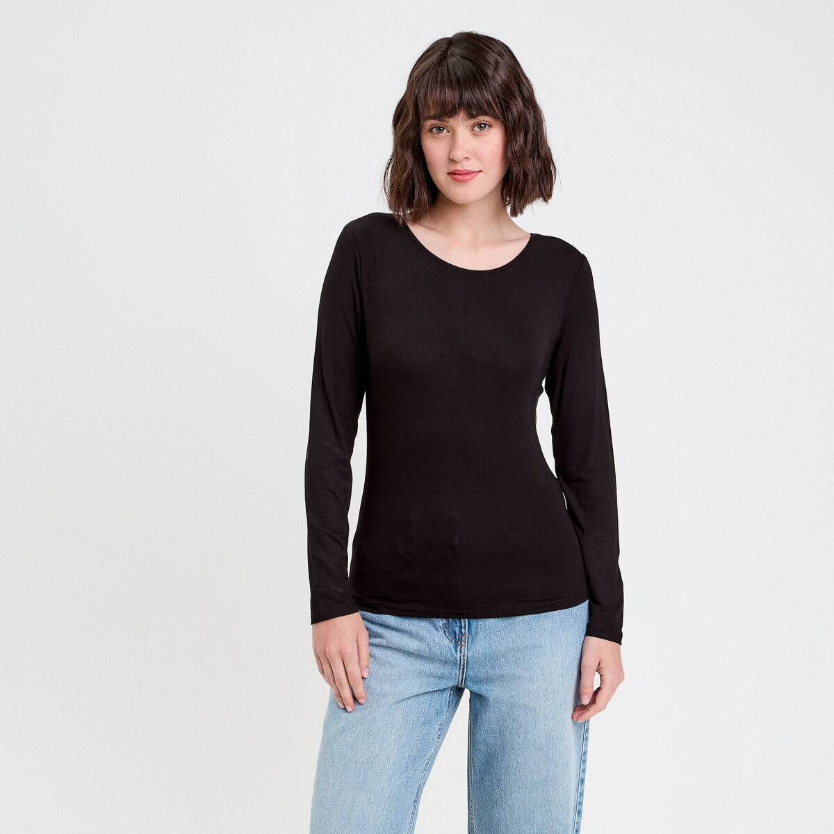 T-shirt uni &agrave; manches longues noir femme