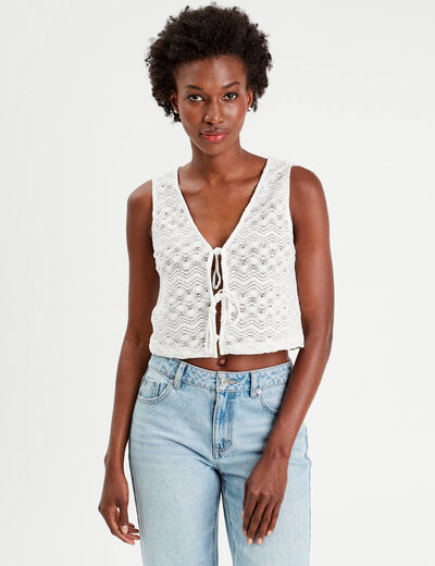 Gilet cropped crochet ecru femme