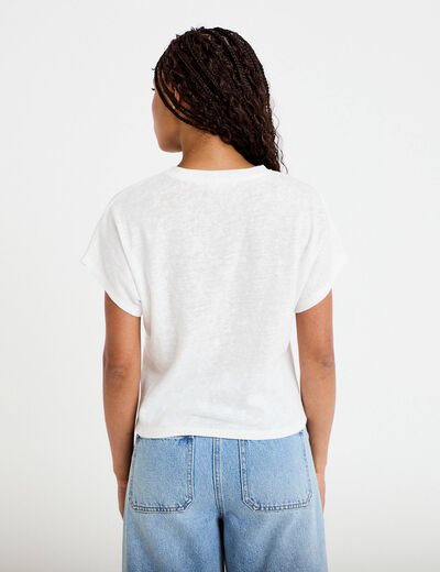 T-shirt col rond manches courtes noeuds ecru femme