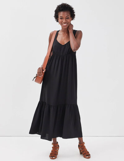 Robe longue évasée bretelles noir femme