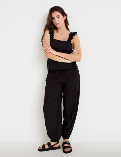 Pantalon large taille haute pliss&eacute; noir femme
