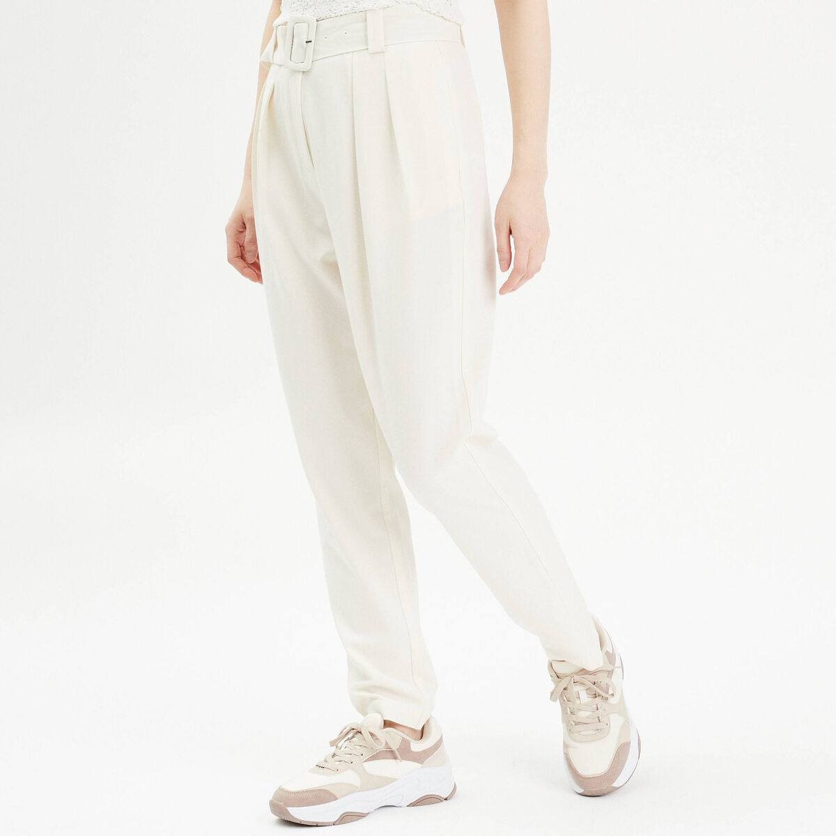 Pantalon cigarette ceinturé ecru femme