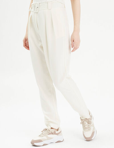 Pantalon cigarette ceinturé ecru femme