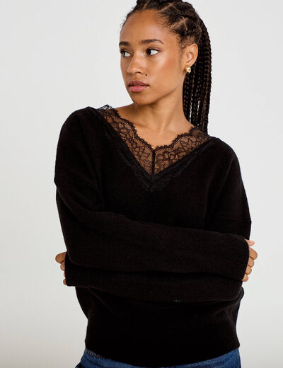 Pull col v manches longues dentelle noir femme