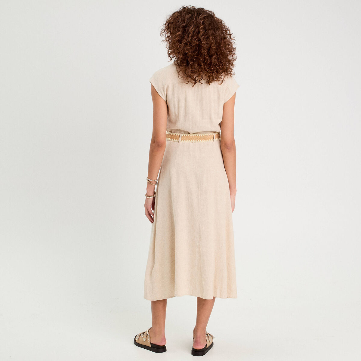Robe chemise midi contenant du lin beige femme