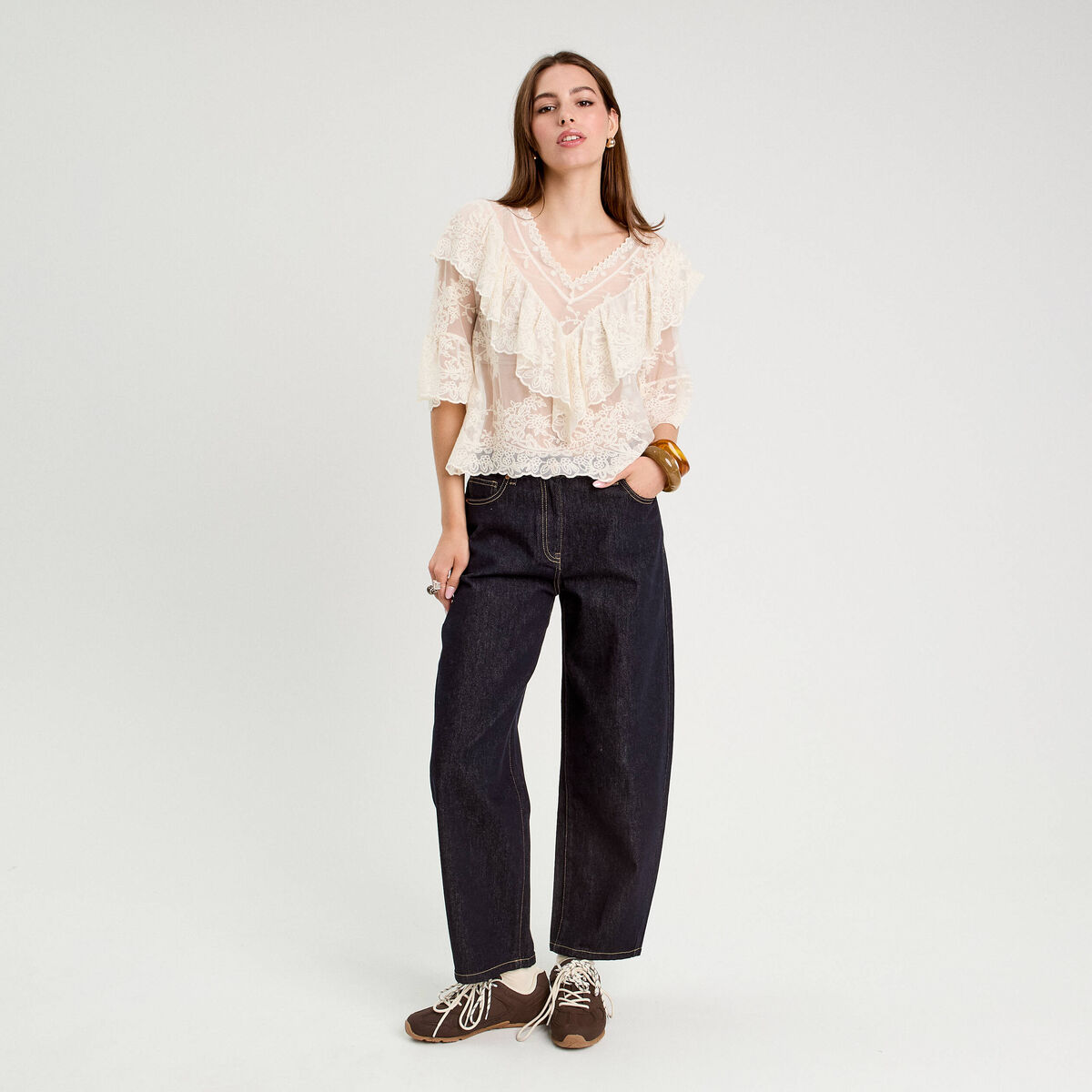 Blouse manches 3/4 dentelle ecru femme