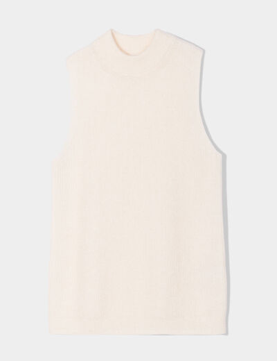 Pull sans manches col roulé ecru femme