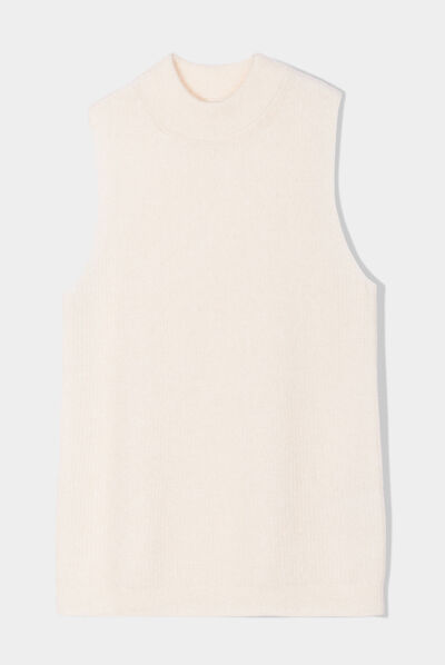 Pull sans manches col roulé ecru femme