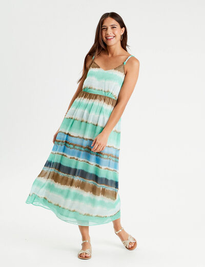 Robe longue évasée bretelles bleu femme