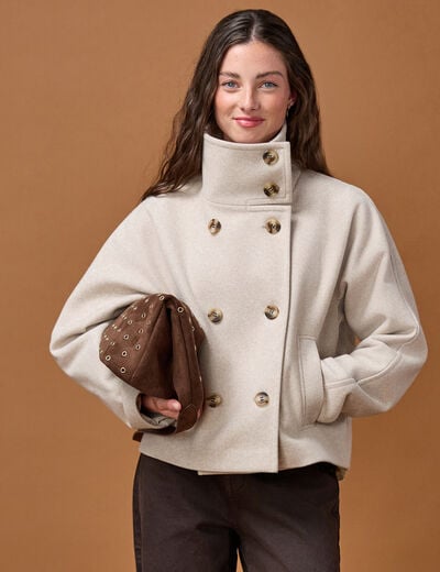 Caban court col montant beige femme