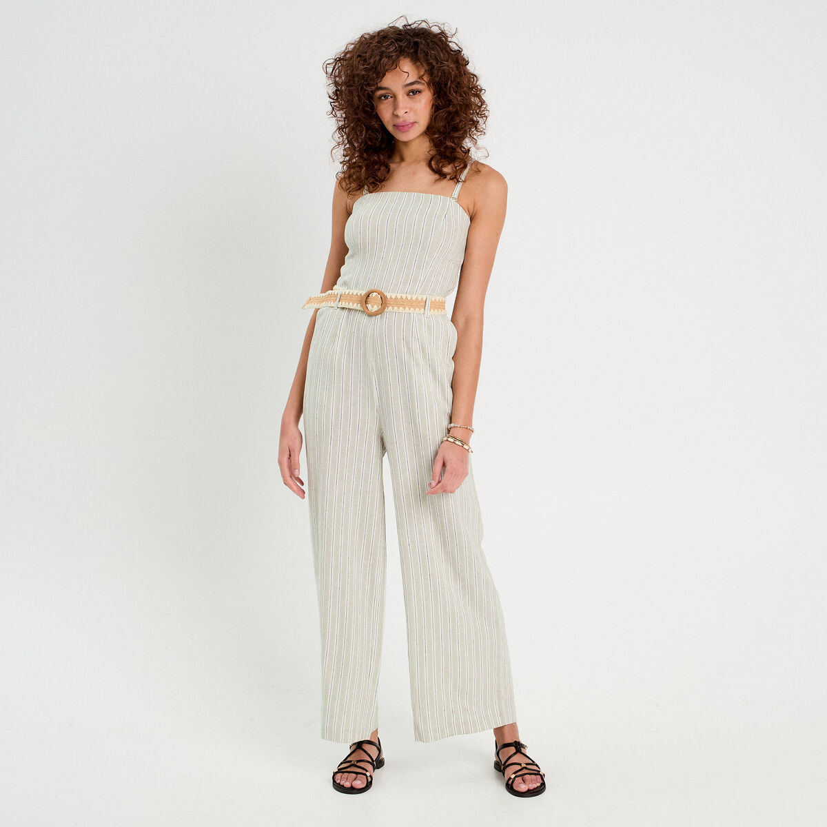 Combinaison pantalon bretelles avec lin vert femme