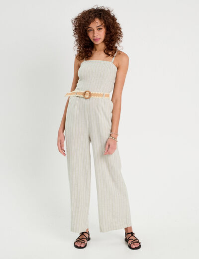 Combinaison pantalon bretelles avec lin vert femme