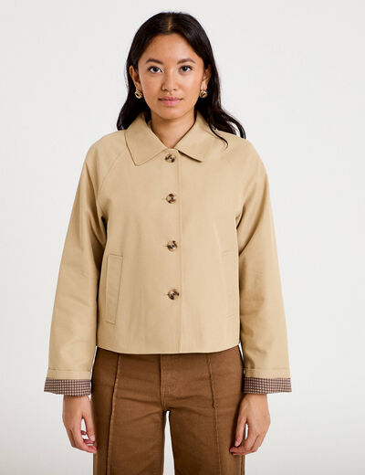 Veste courte boutonn&eacute;e doublure vichy beige femme