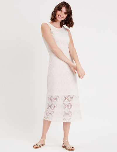 Robe midi moulante dentelle ecru femme