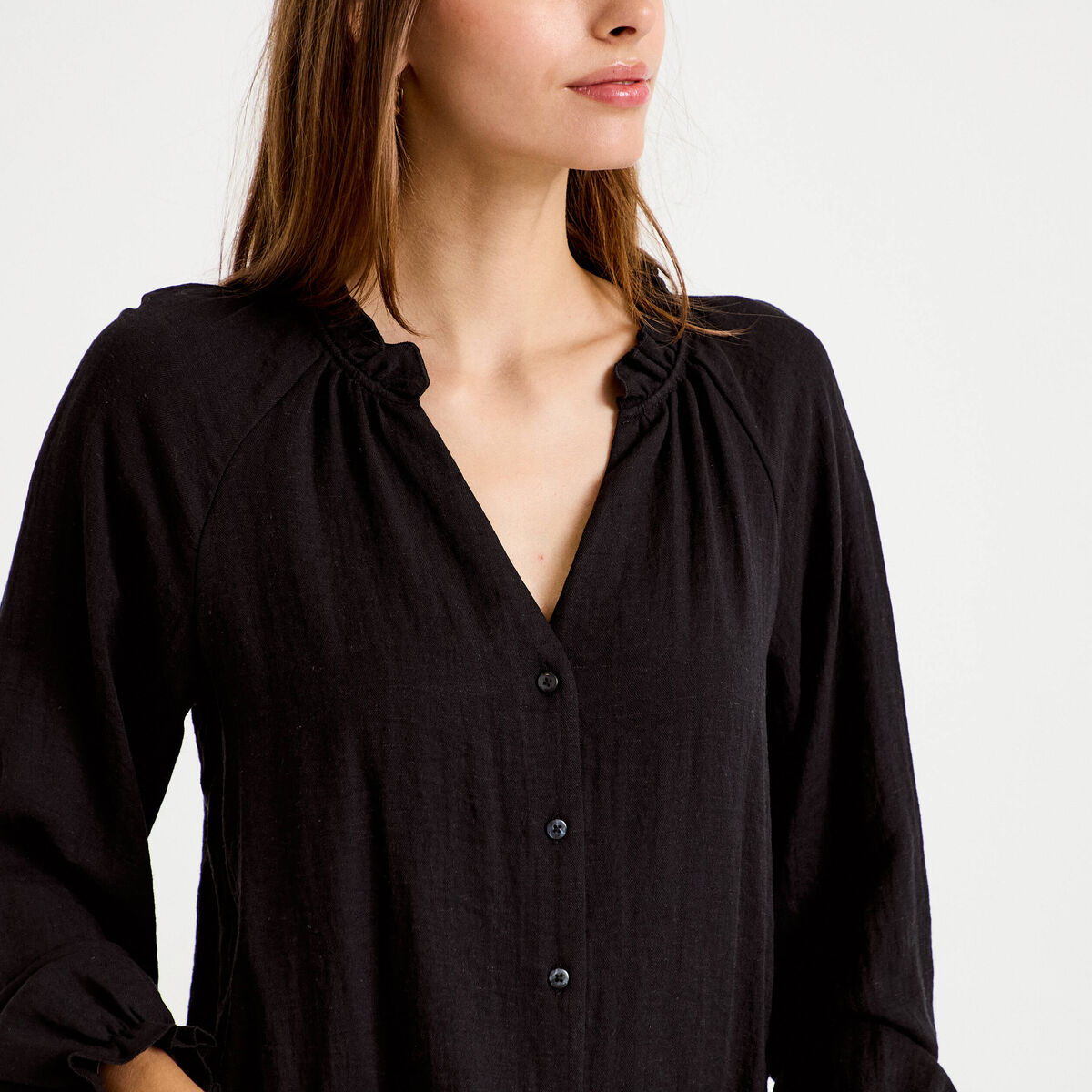 Blouse ample pliss&eacute;e manches longues noir femme