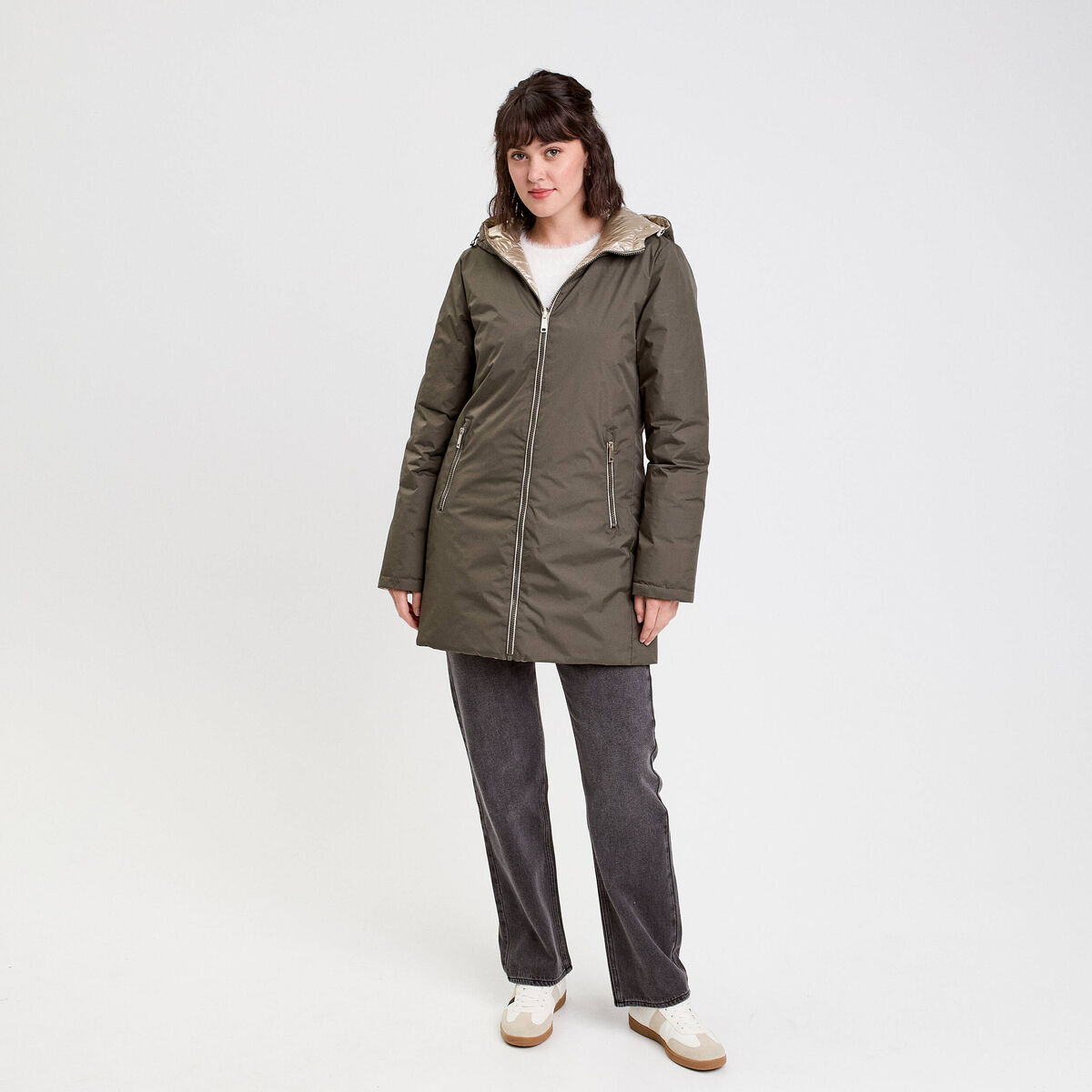 Parka &agrave; capuche r&eacute;versible vert kaki femme