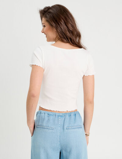 T-shirt côtelé manches courtes blanc femme