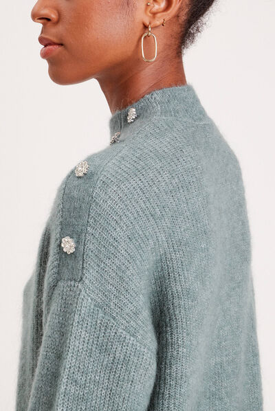 Pull col montant vert foncé femme