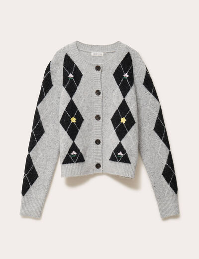 Gilet broderie col rond manches longues gris clair femme
