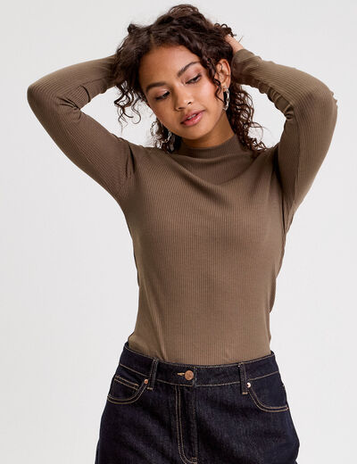 T-shirt manches longues c&ocirc;tel&eacute; vert kaki femme
