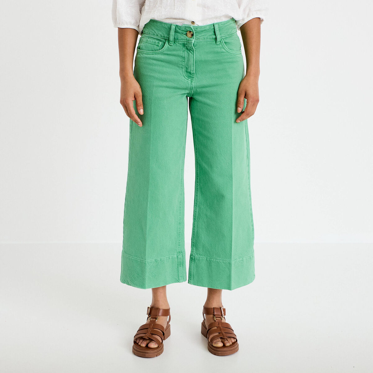 Jean wide leg cropped taille haute vert femme