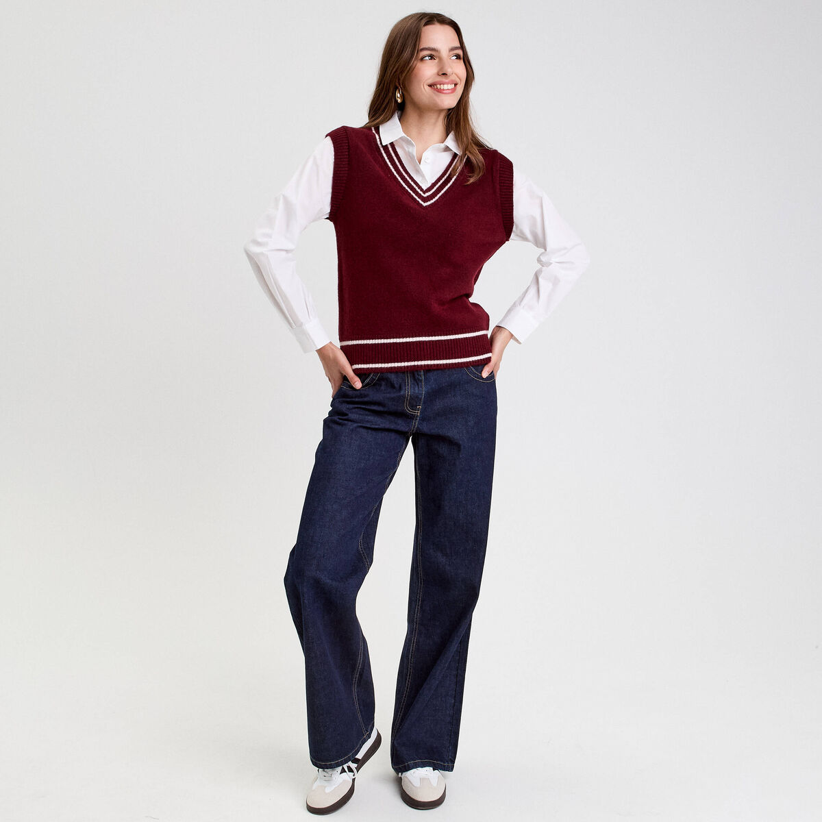 Pull 2-en-1 col en V rouge foncé femme