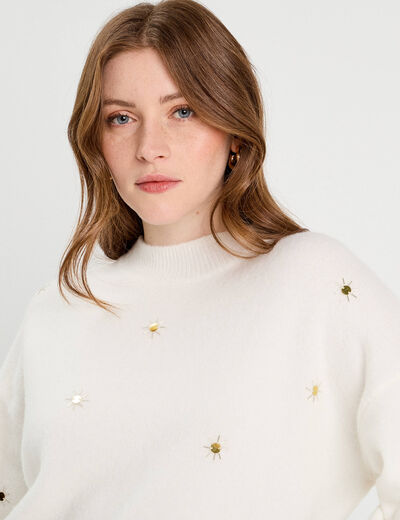 Pull avec détails bijoux ecru femme
