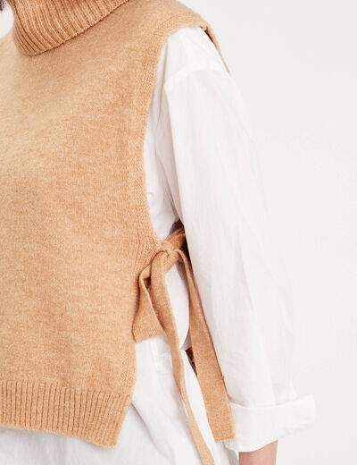 Pull sans manches col roulé beige femme