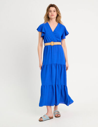 Robe longue évasée ceinturée bleu electrique femme