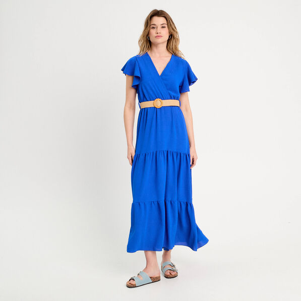 robe longue evasee ceinturee bleu electrique femme Robe longue évasée ceinturée bleu electrique femme