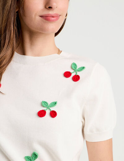 Pull manches courtes patchs ecru femme