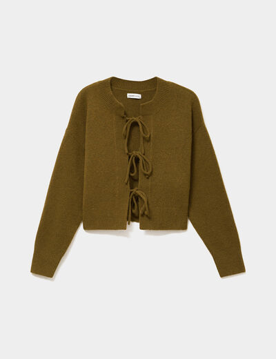 Gilet court nou&eacute; vert olive femme