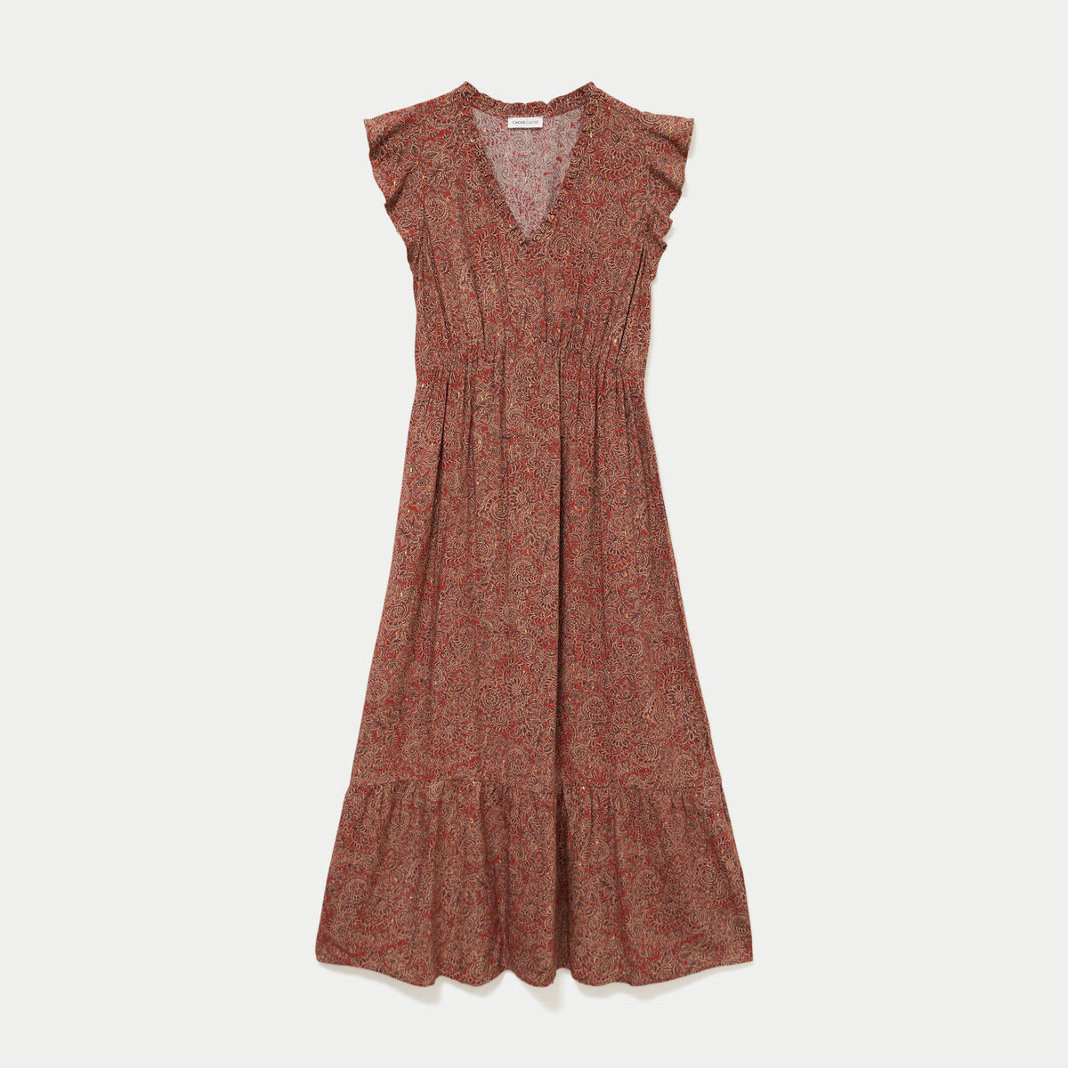 Robe longue &eacute;vas&eacute;e col v manches courtes rouge fonc&eacute; femme
