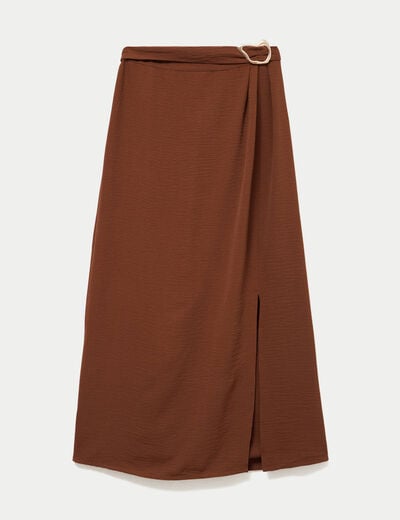 Jupe longue pliss&eacute;e avec bijou marron femme
