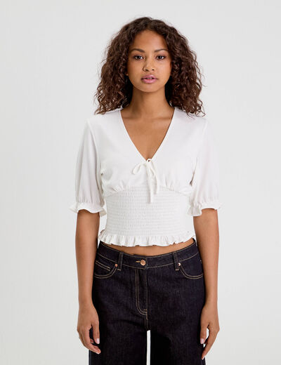 Blouse manches courtes smockée blanc femme