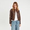 Veste simili cuir zippée marron foncé femme